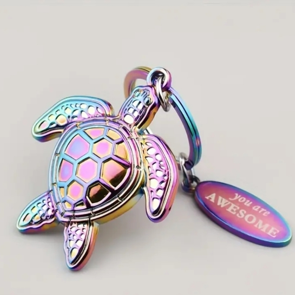 Iridescent and holographic Turtle keychain.